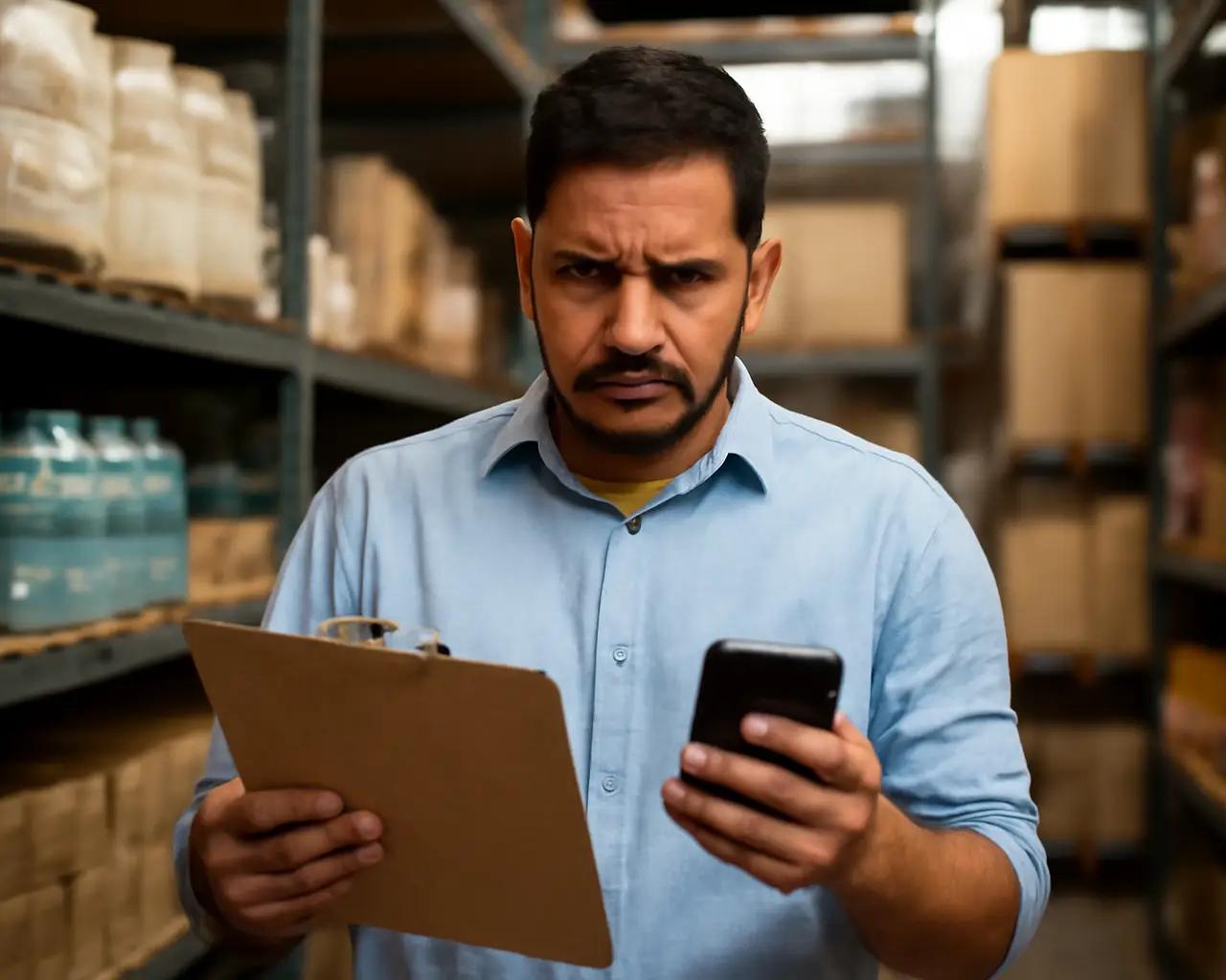 Dono de distribuidora olhando para uma prancheta e para o celular ao mesmo tempo, com uma expressão preocupada dentro de um depósito.