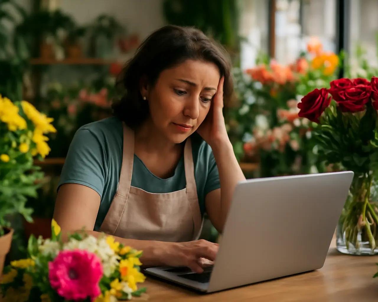 Dona de floricultura com expressão preocupada sentada em frente ao seu notebook, cercada de flores.