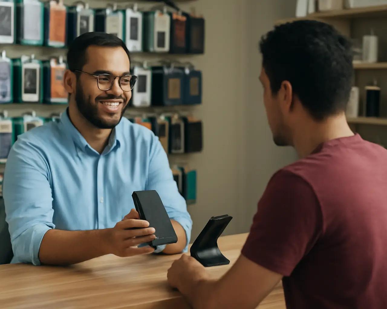 Dono de uma loja de celular atendendo um cliente no balcão, com o ambiente organizado ao fundo.