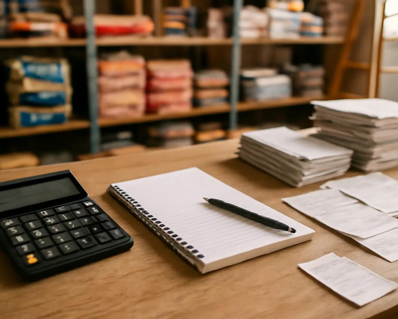 Balcão de loja de material de construção com calculadora, caderno de anotações e pilhas de notas fiscais espalhadas