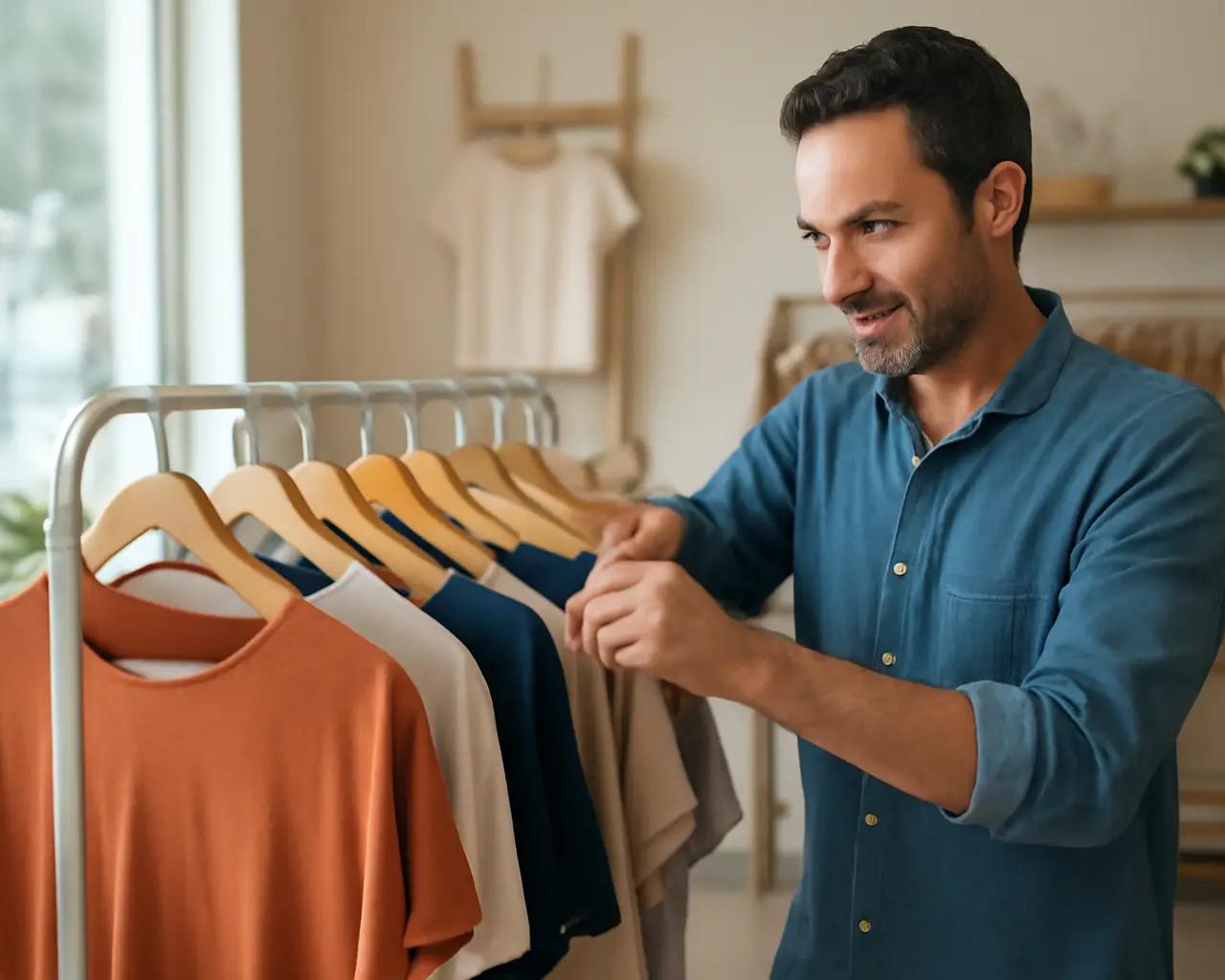 Dono de uma pequena loja de roupas organizando cabides em uma arara.