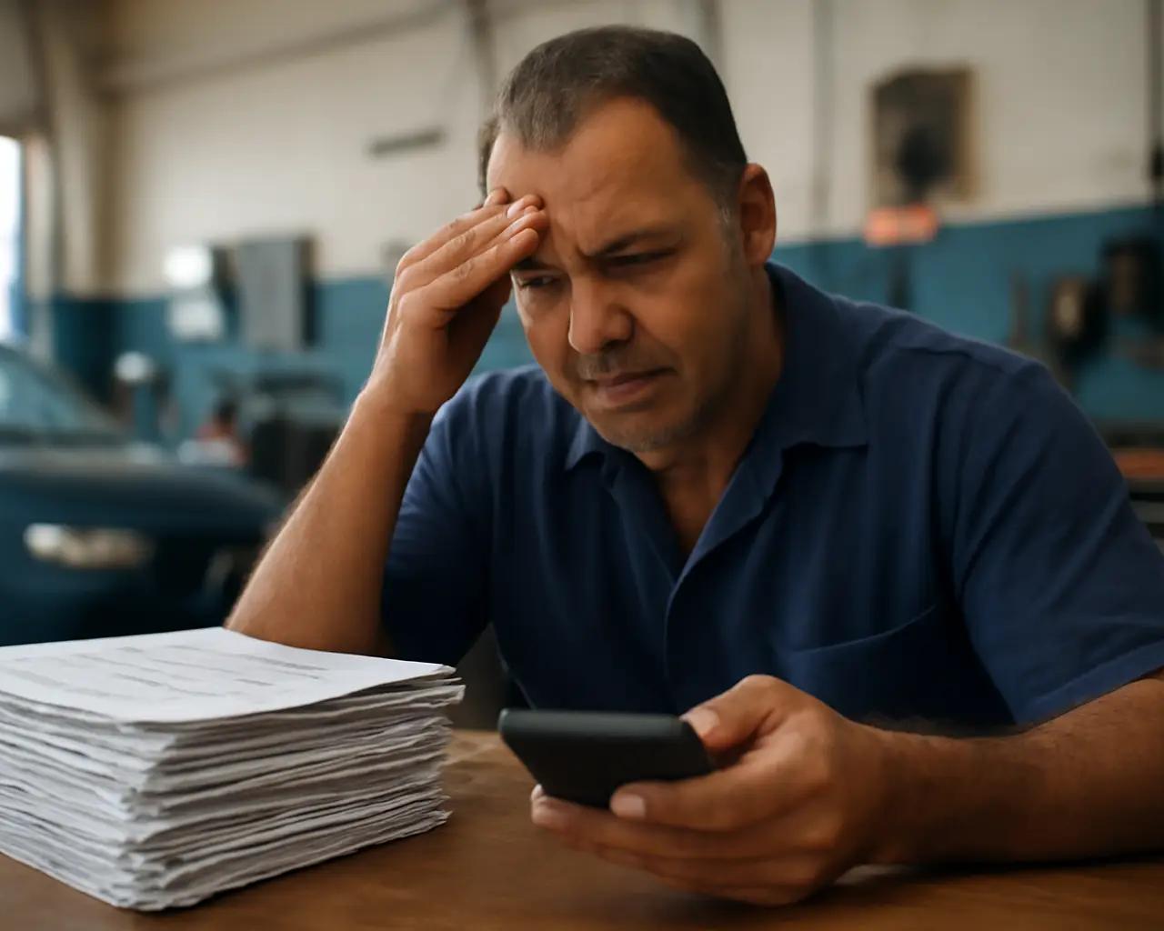 Dono de oficina mecânica olhando preocupado para uma pilha de ordens de serviço em papel e uma calculadora.