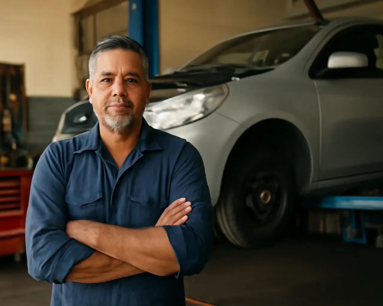 Um mecânico experiente, de braços cruzados, em frente a um carro elevado em sua oficina bem organizada.