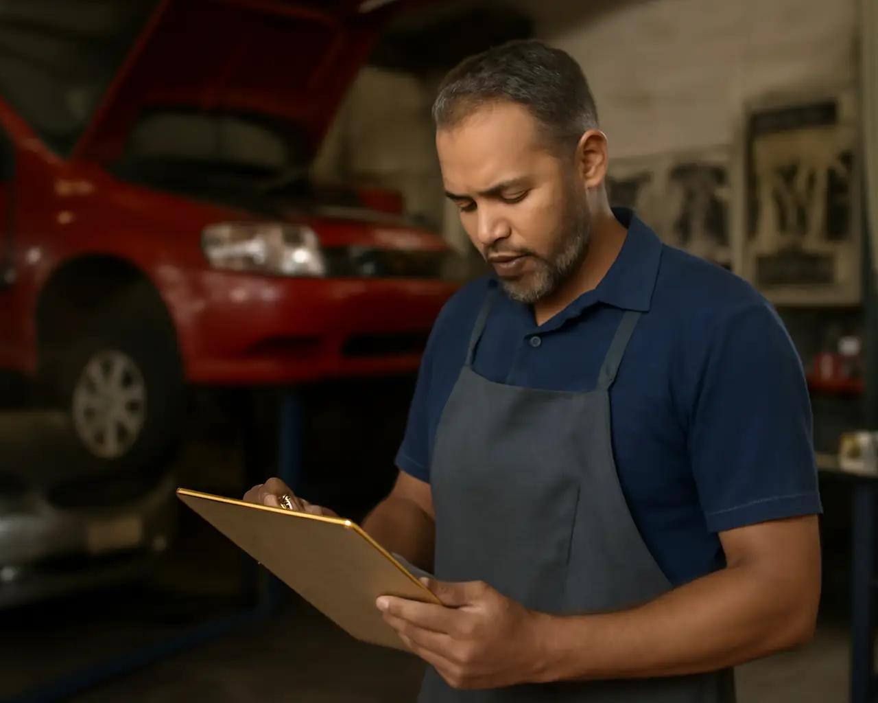 Dono de oficina mecânica olhando para uma prancheta com ordens de serviço, com carros e ferramentas ao fundo.