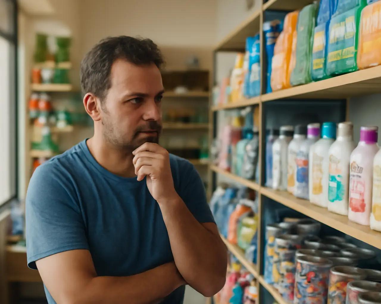 Dono de um pet shop olhando para uma prateleira cheia de produtos, com uma expressão pensativa.