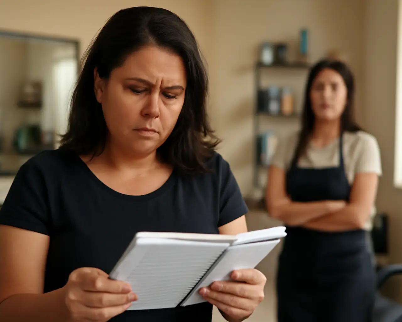 Dona de um salão de beleza olhando para sua agenda de papel com uma expressão preocupada, enquanto uma funcionária espera ao fundo.