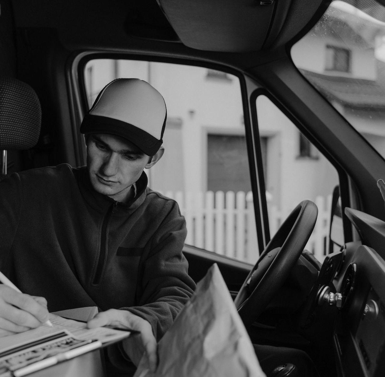Black-and-white photo of a delivery driver organizing packages in a van.