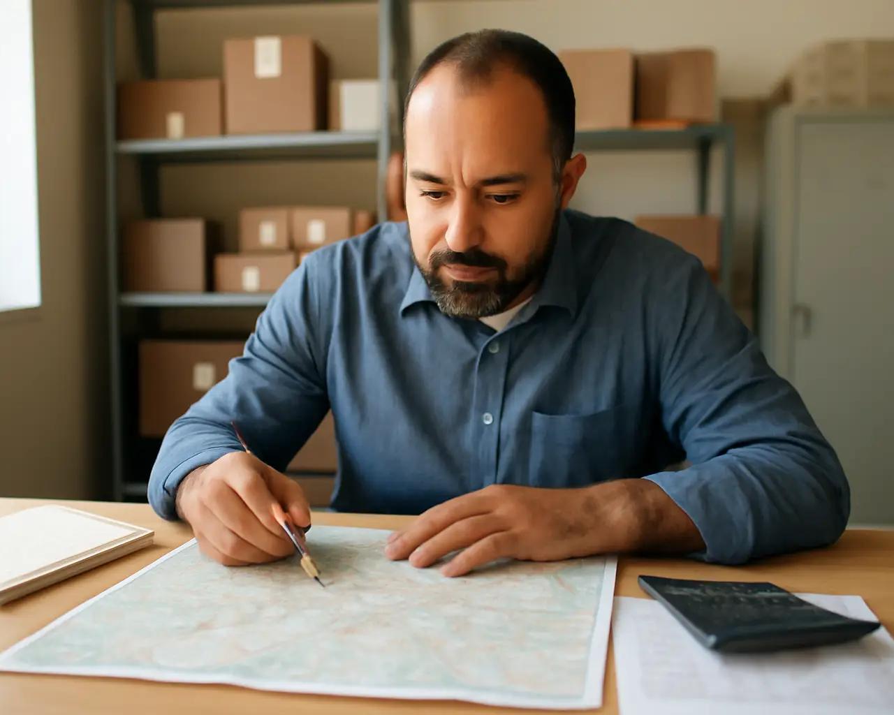 Dono de distribuidora sentado à mesa com mapas, cadernos e planilhas abertas tentando organizar rotas de entrega