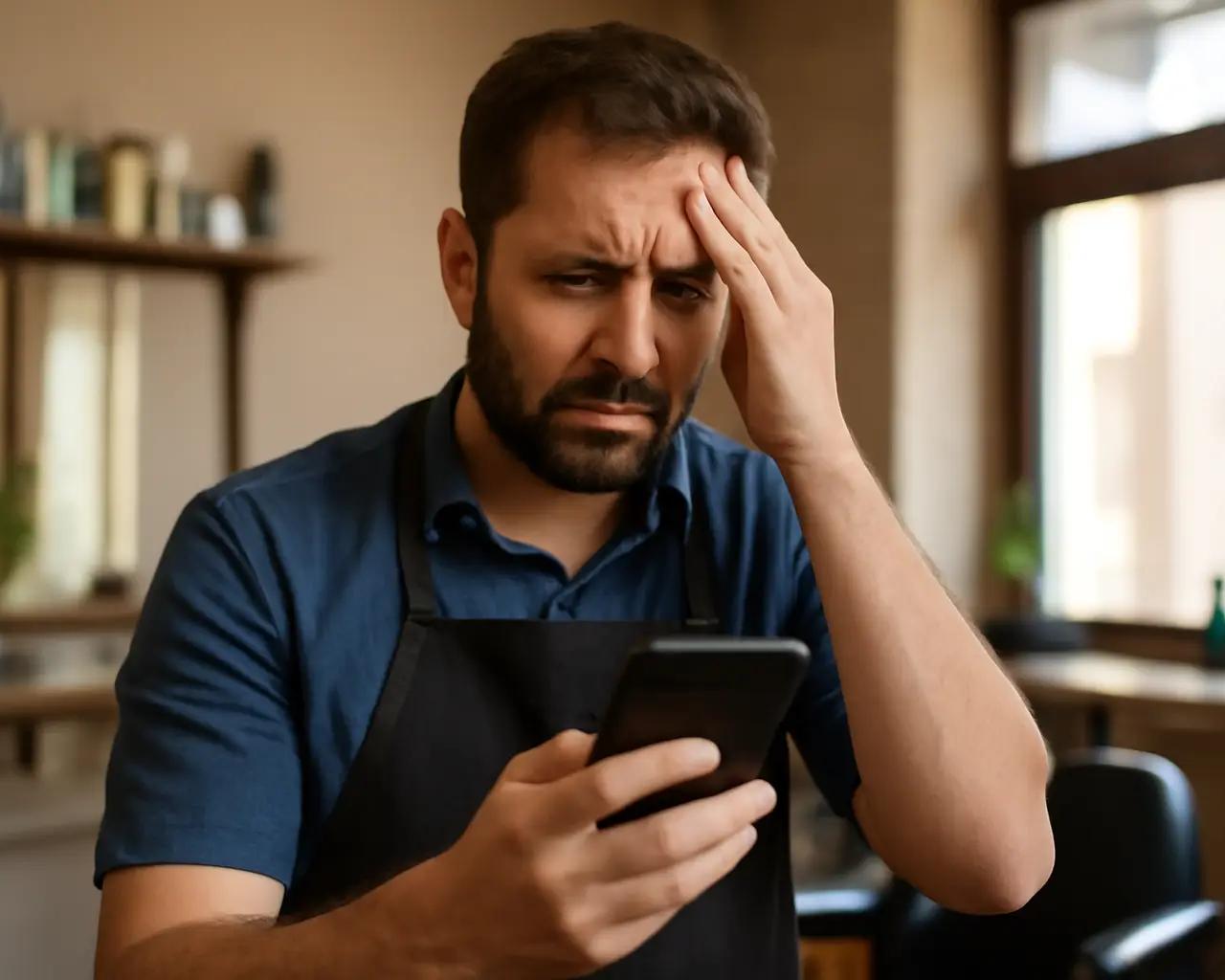 Barbeiro verificando agenda lotada no celular com expressão preocupada