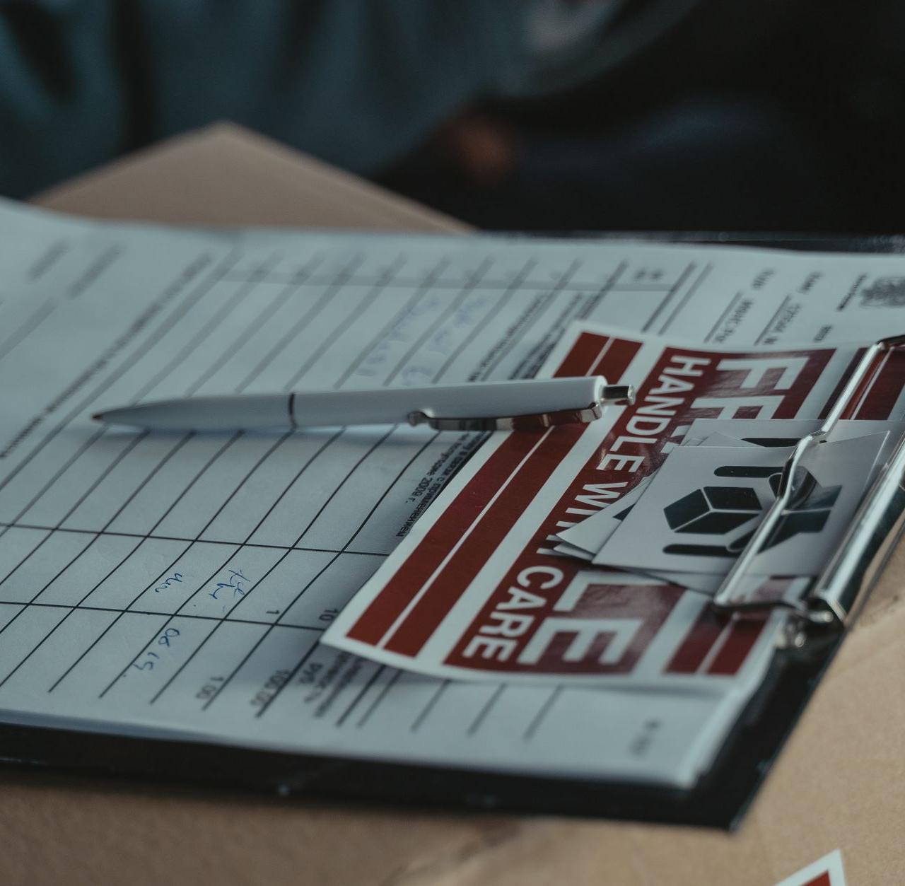 A clipboard with delivery papers and a 'Handle with Care' sticker on a cardboard box.