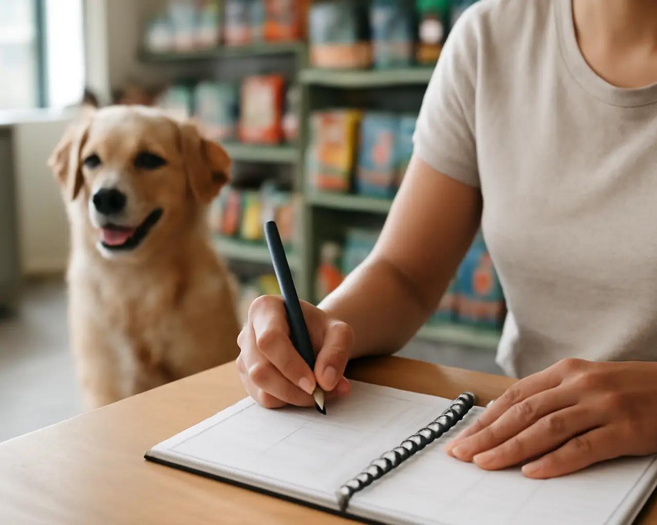 Pessoa escrevendo à mão em caderno de agendamentos de pet shop com cachorro ao fundo