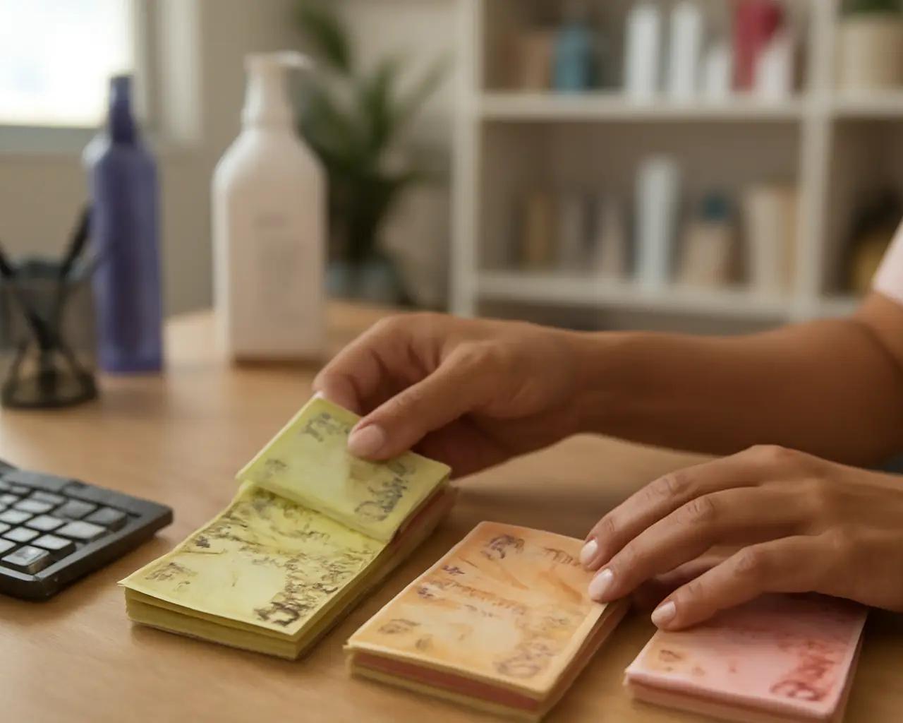 Mãos separando notas de dinheiro em duas pilhas distintas sobre mesa de escritório