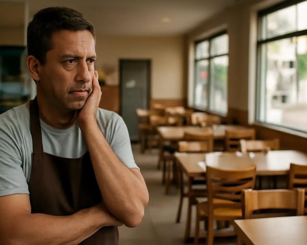 Dono de restaurante olhando preocupado para salão vazio durante horário de movimento