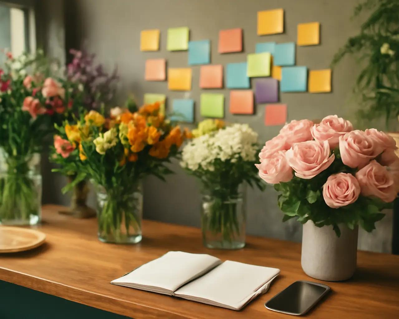 Balcão de floricultura com post-its coloridos colados na parede e caderno aberto ao lado do telefone