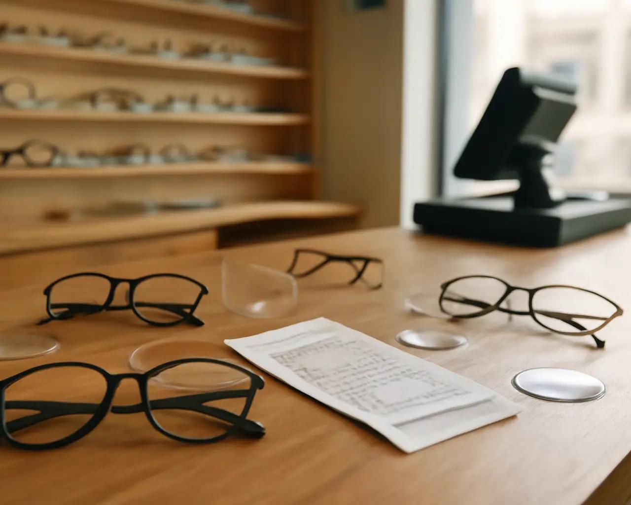 Balcão de ótica com talões de papel, armações e lentes espalhadas em desordem