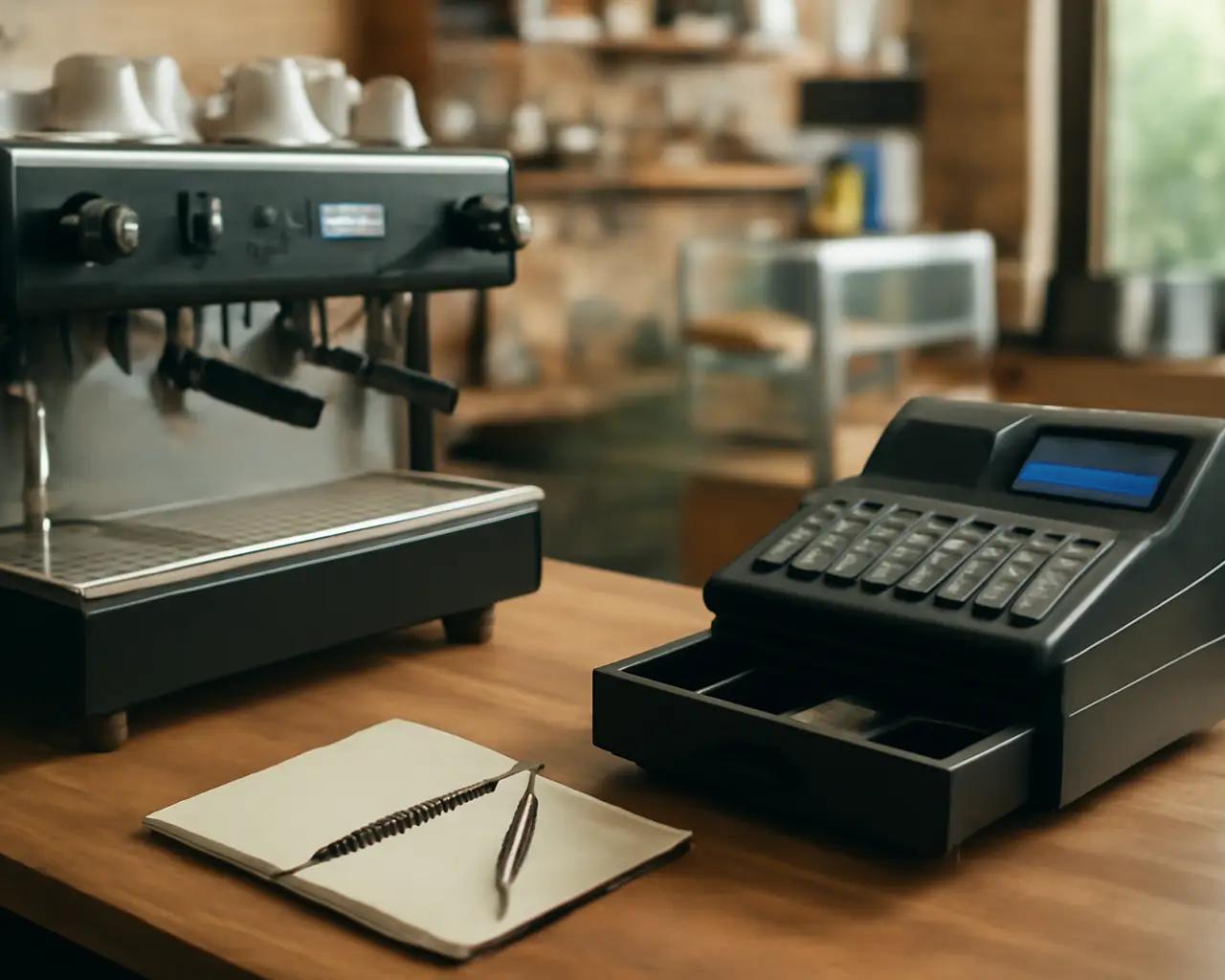 Balcão de cafeteria com máquina de café expresso, caixa registradora aberta e caderno de anotações ao lado