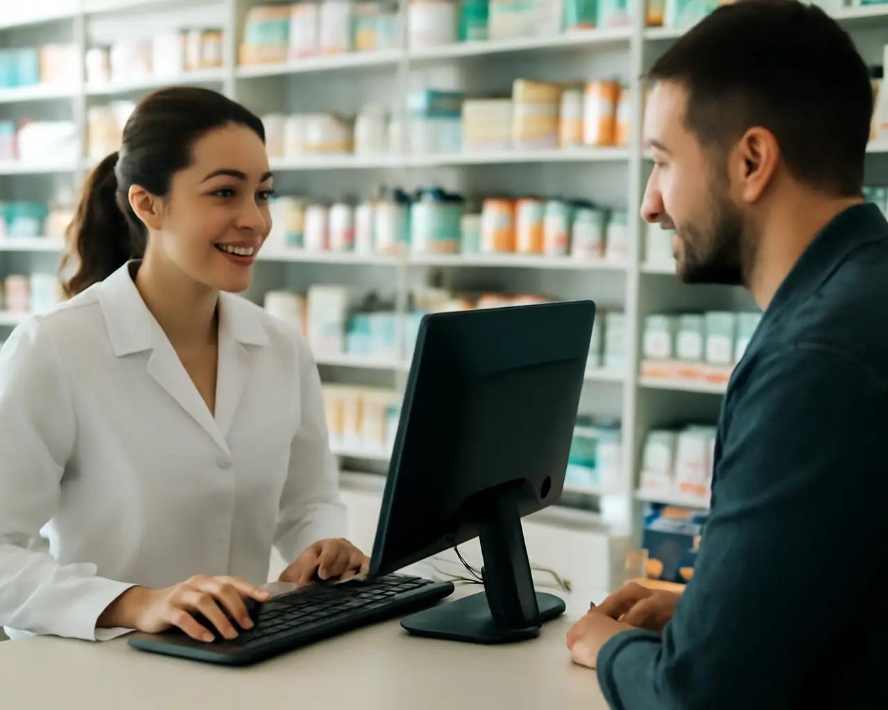 Balconista de farmácia atendendo cliente no balcão enquanto verifica estoque no computador
