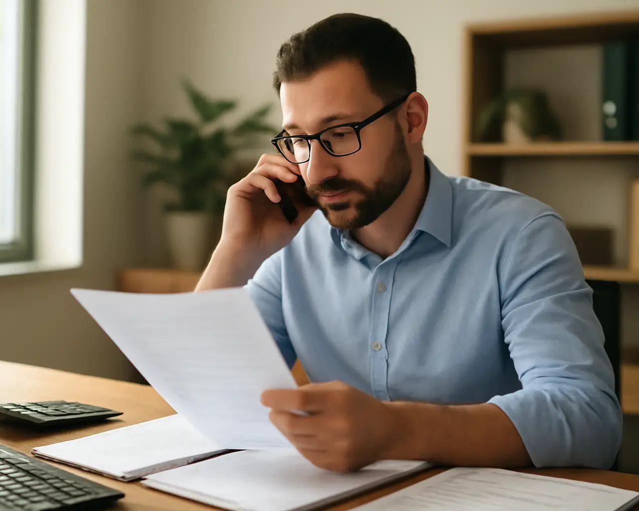 Contador ao telefone conferindo papéis de ordem de serviço sobre mesa de escritório