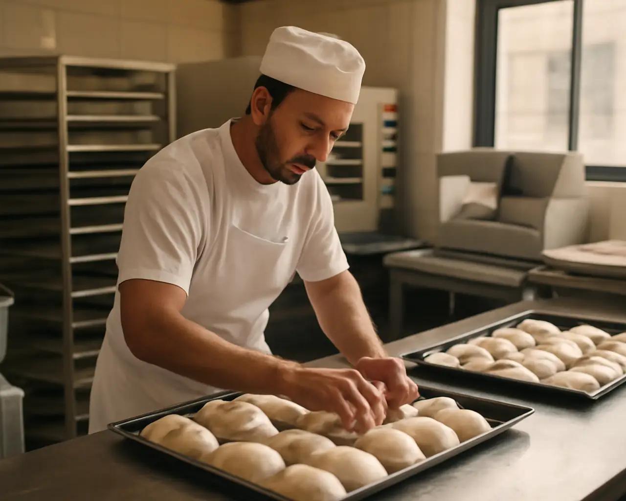 Padeiro trabalhando em bancada de produção com assadeiras e equipamentos profissionais em padaria