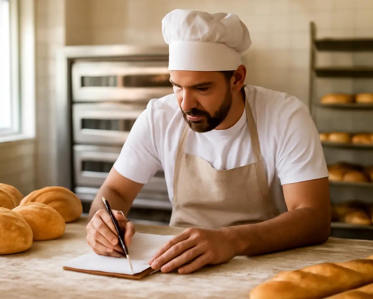 Padeiro trabalhando na produção de pães enquanto anota informações em caderno sobre bancada com farinha