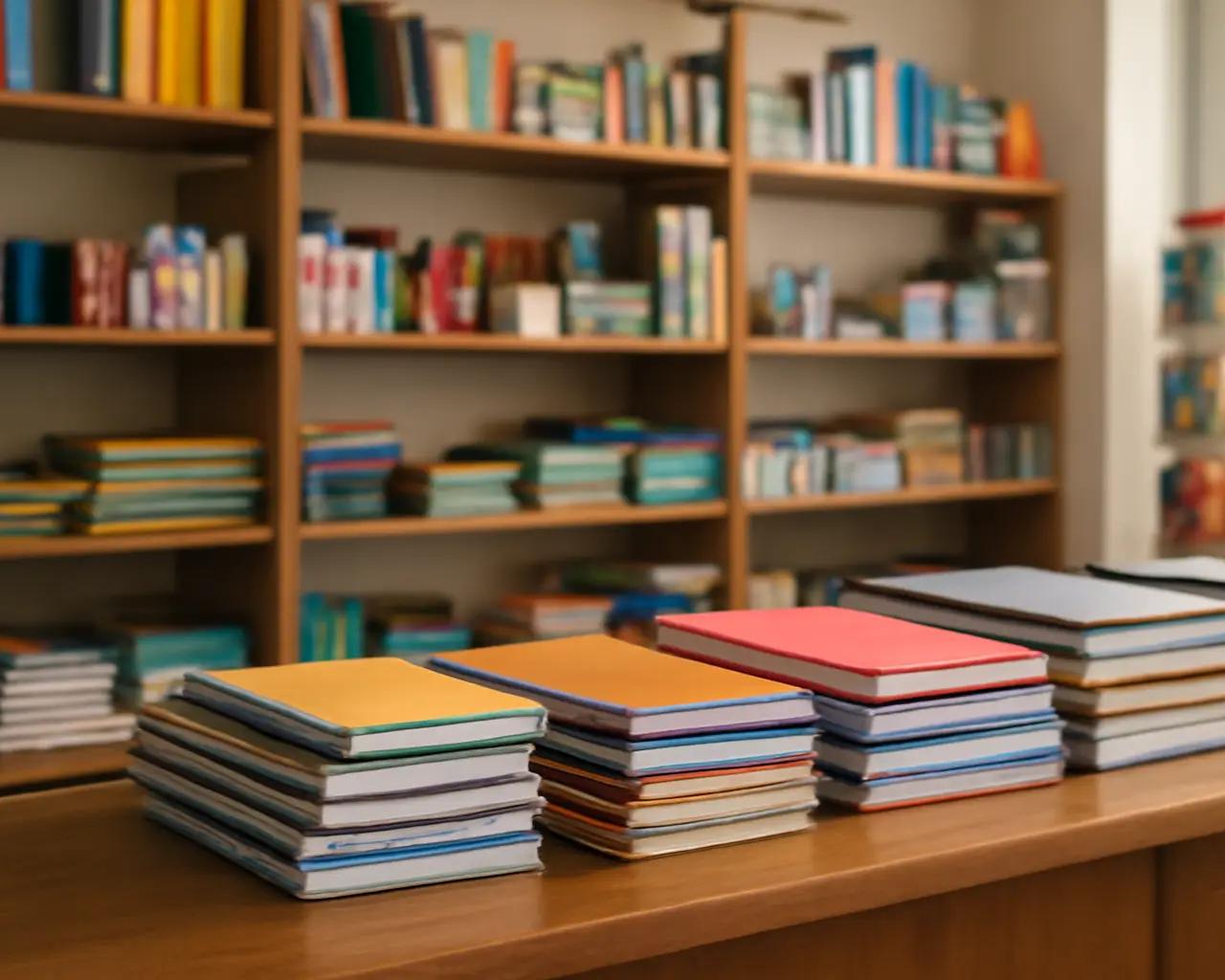 Balcão de papelaria com pilhas de cadernos e materiais escolares organizados nas prateleiras