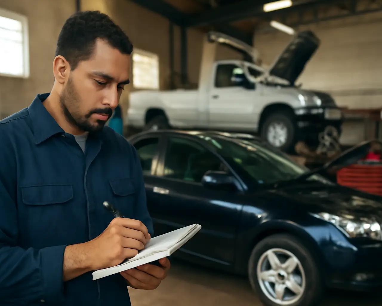 Mecânico anotando informações em caderno dentro de oficina com carros ao fundo