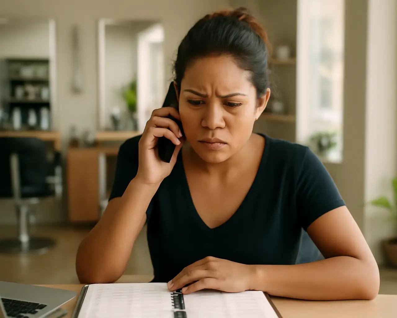 Proprietária de salão de beleza olhando agenda cheia enquanto atende telefone com expressão preocupada