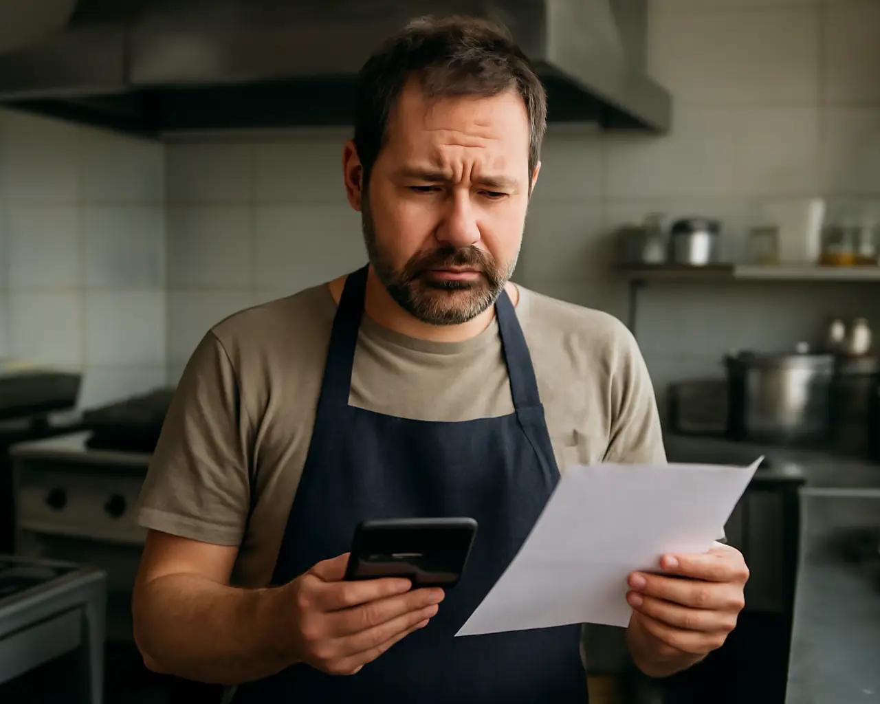 Homem de avental segurando calculadora e papel com expressão preocupada dentro de cozinha comercial