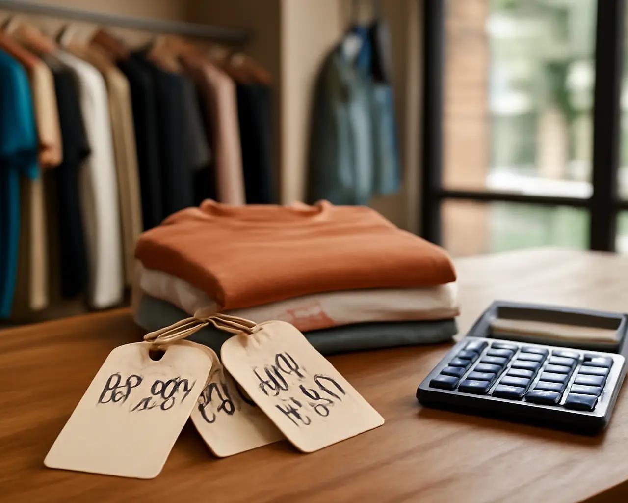 Balcão de loja de roupas com etiquetas de preço manuscritas e calculadora ao lado