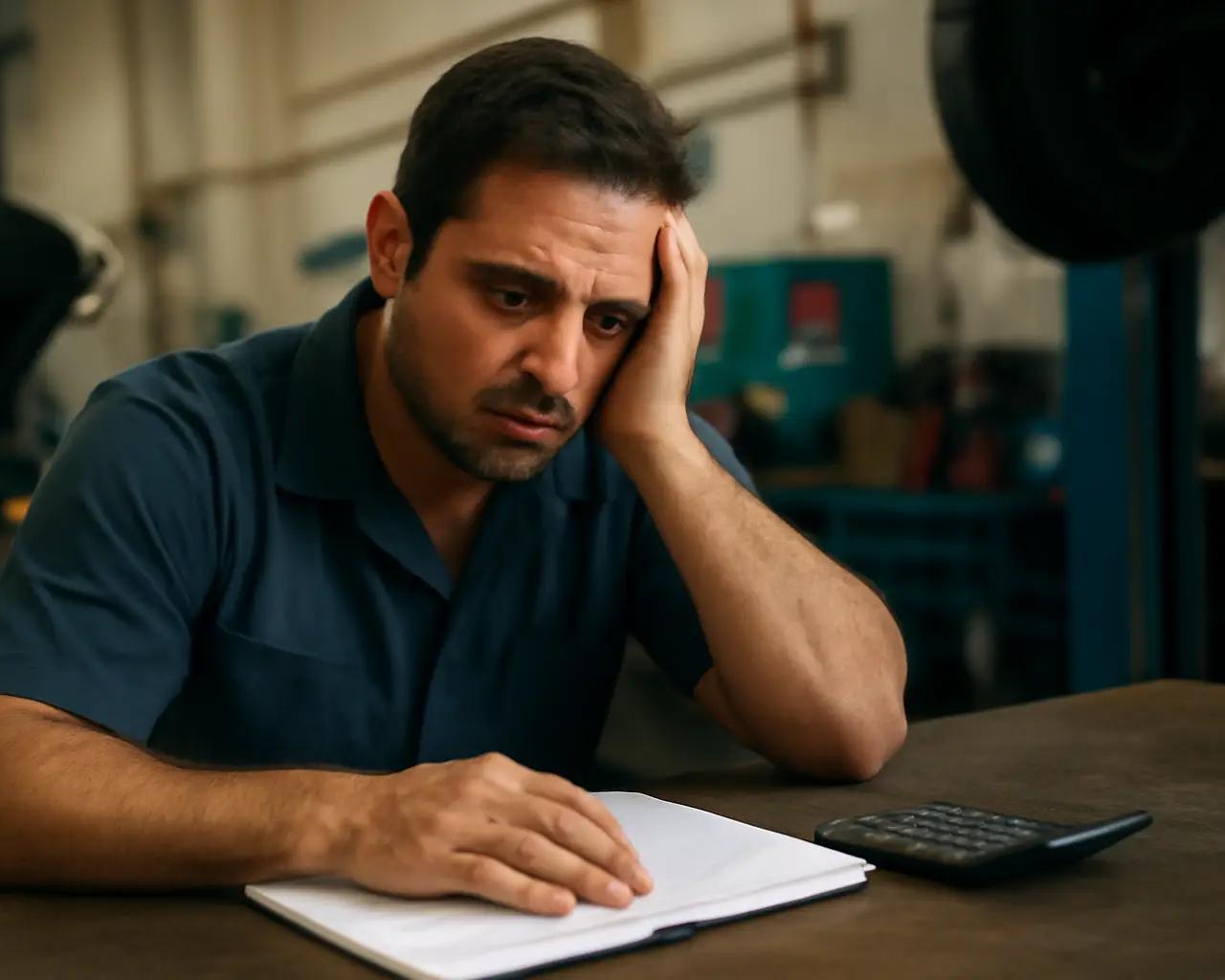 Dono de oficina mecânica apoiado em uma mesa com um caderno e uma calculadora, olhando preocupado para as contas.