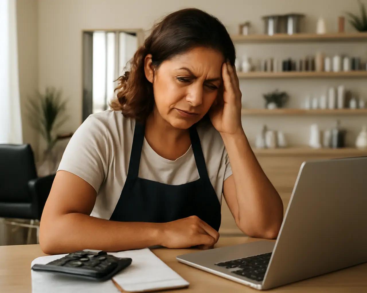 Dona de salão de beleza sentada em frente a um notebook, com uma calculadora e um caderno, parecendo preocupada com as finanças.