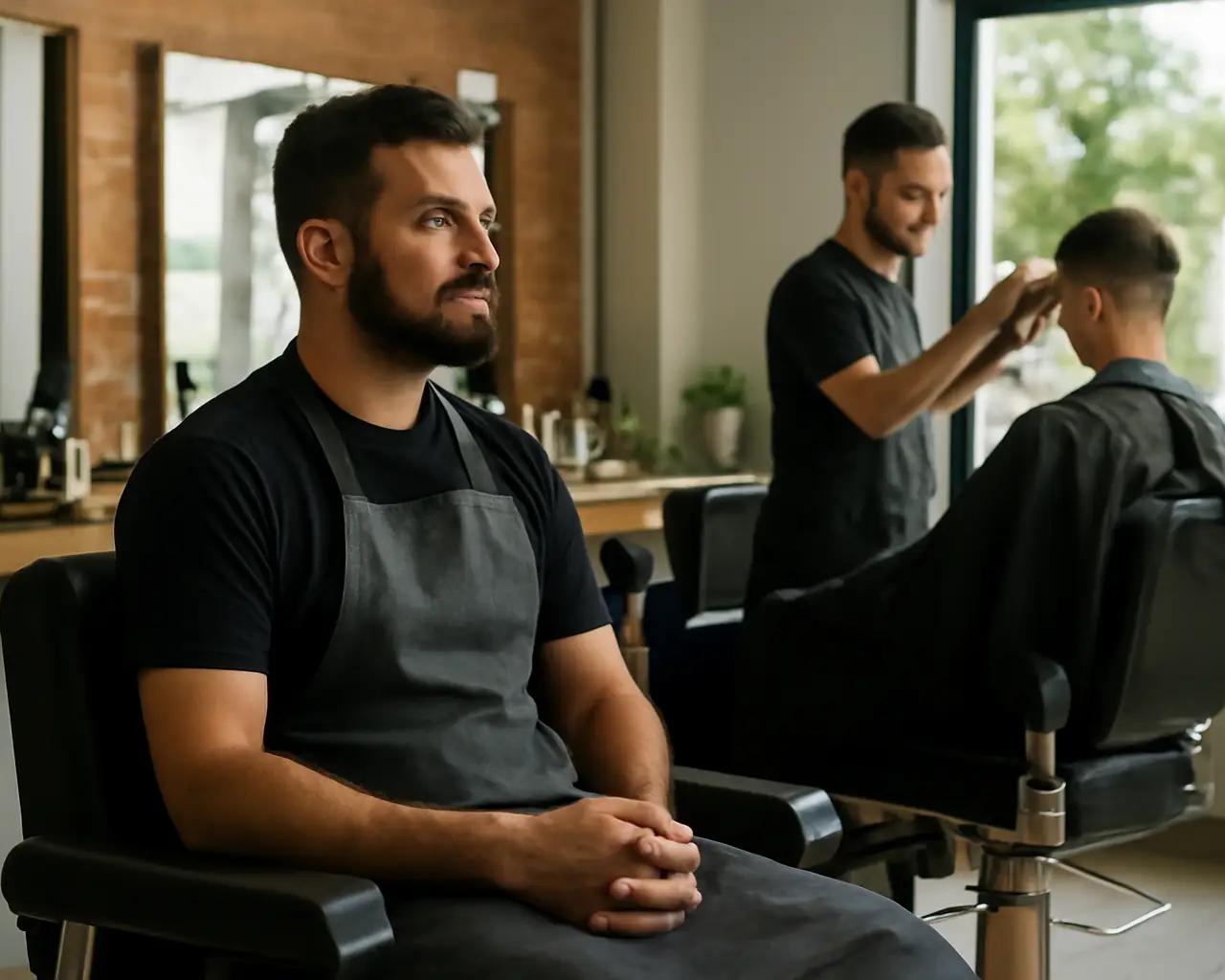 Barbeiro aguardando cliente em cadeira vazia enquanto outro atende, ambiente de barbearia moderna