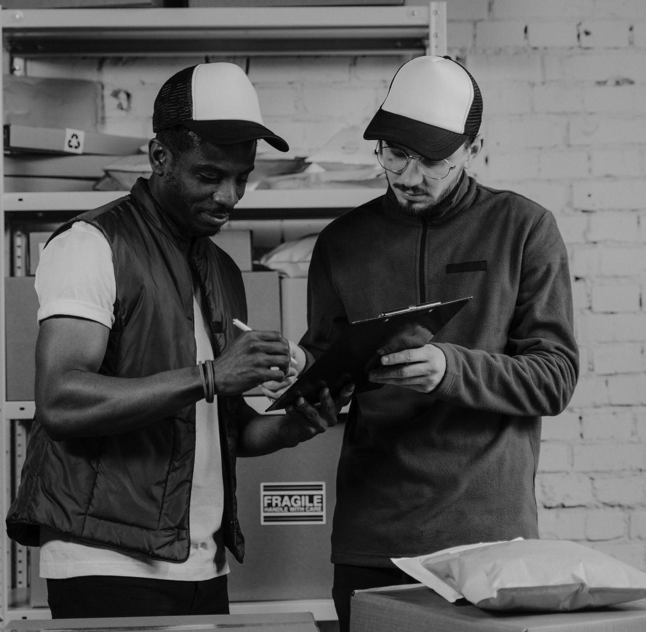 Two delivery men discussing package details in a warehouse setting with a clipboard.