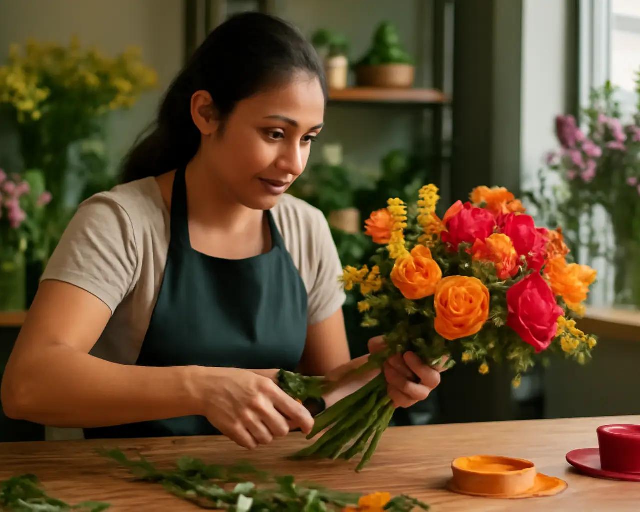 Florista montando arranjo de flores coloridas em bancada de trabalho com tesoura e fitas