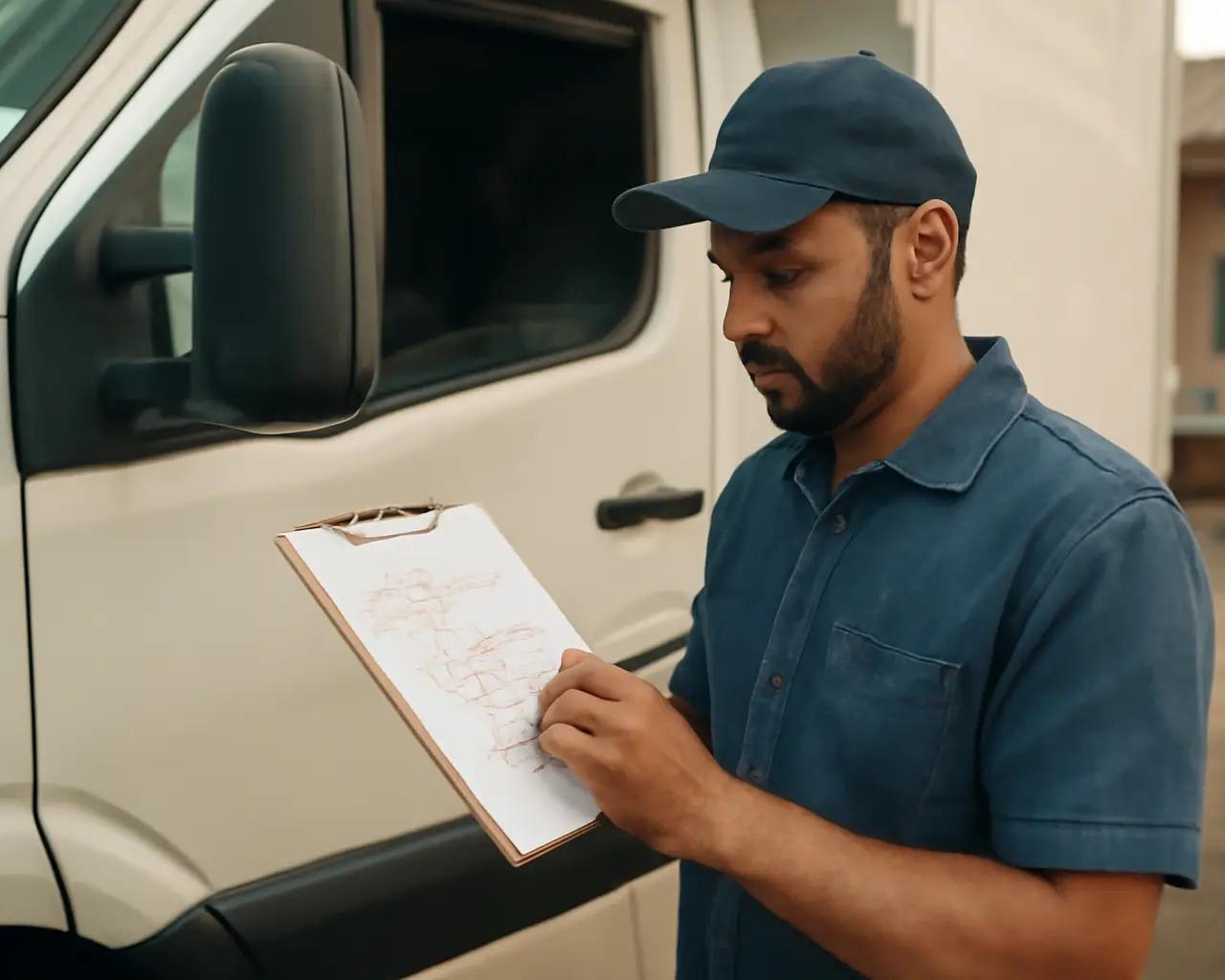 Motorista de caminhão segurando prancheta com rotas de entrega escritas à mão ao lado de painel do veículo