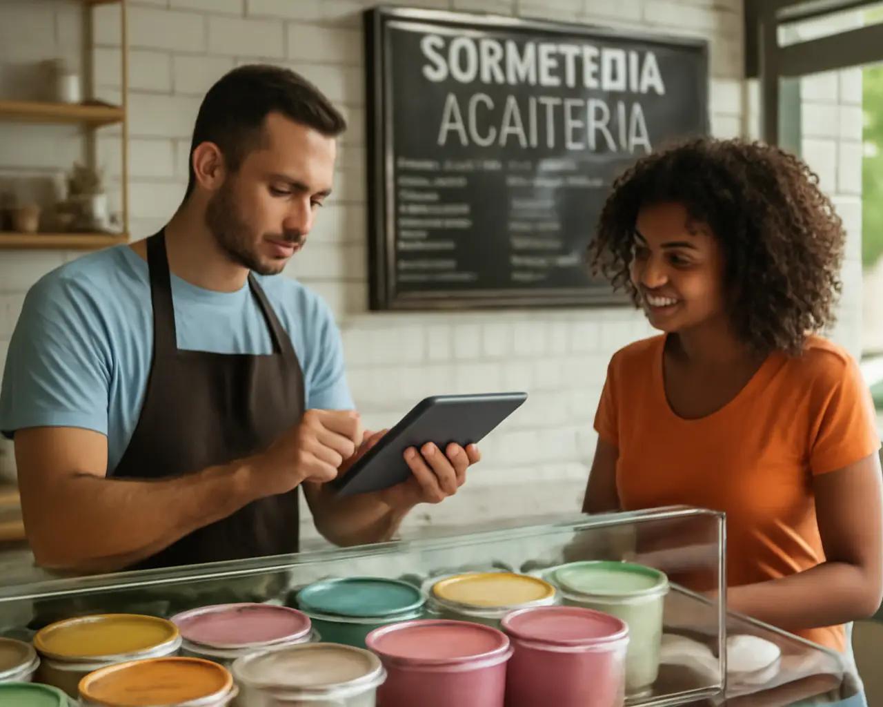 Balcão de sorveteria com potes coloridos e cliente sendo atendido enquanto proprietário consulta tablet