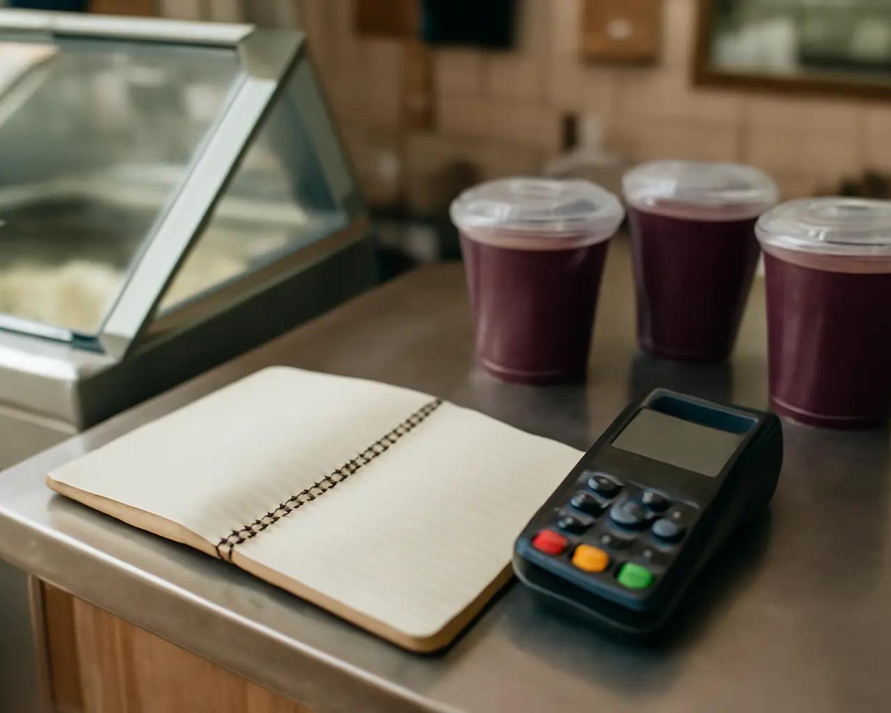 Balcão de sorveteria com caderno de anotações aberto ao lado da máquina de cartão e potes de açaí ao fundo