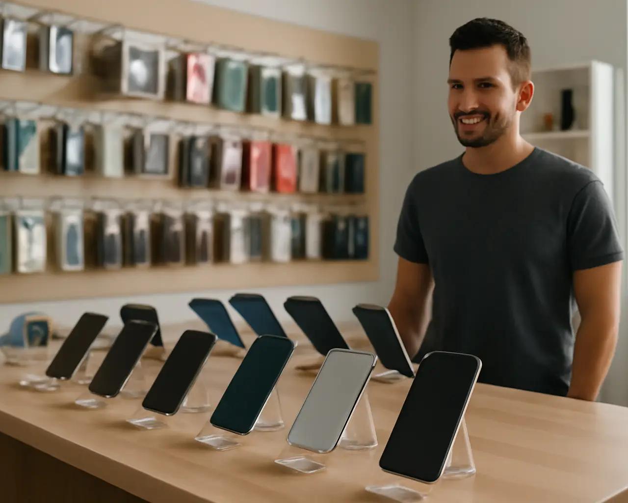 Balcão de loja de celular com aparelhos expostos e etiquetas de preço